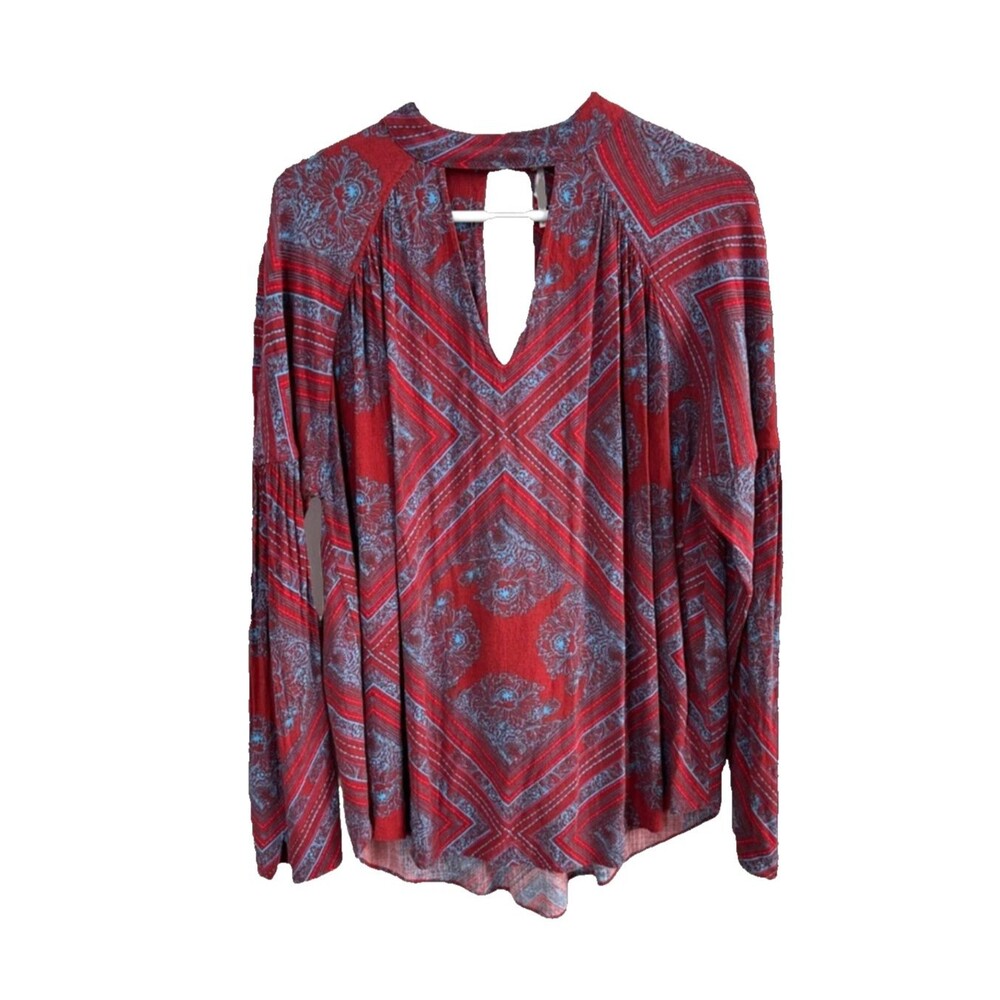 Free People Women's Size M Long Sleeve Tunic Top Red Geometric Floral Pattern